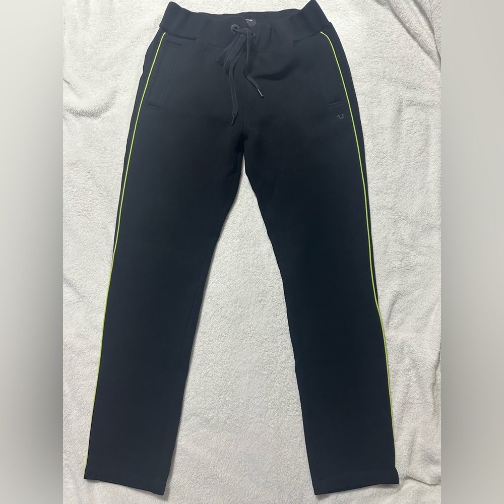 True Religion Sweatpants black men’s size Medium lime green stripe (reflective)
